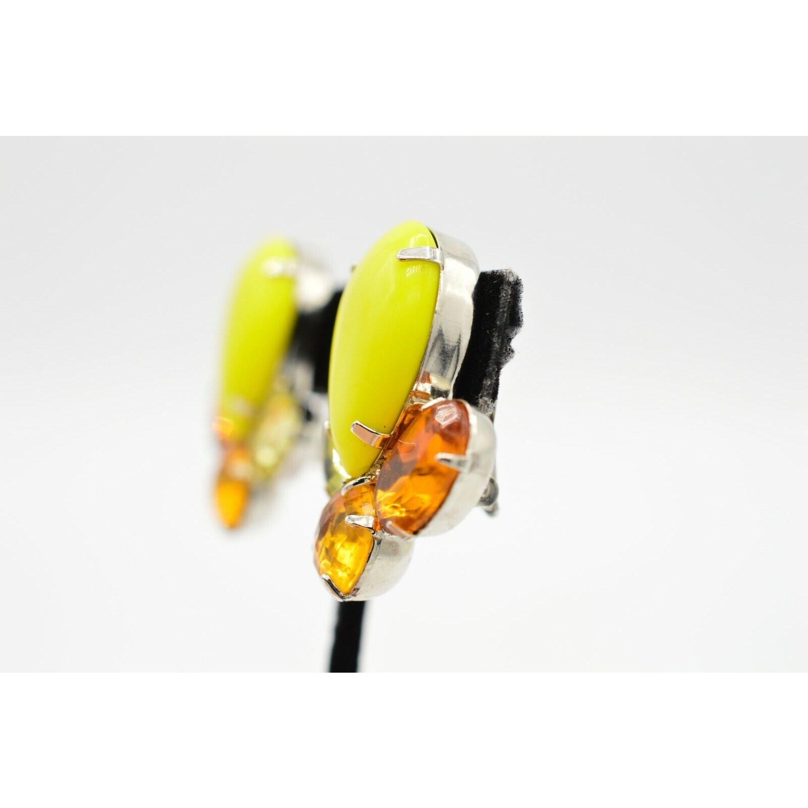 Vintage Crystal Cabochon Clip On Earrings Bezel Prong Neon Yellow Orange 80s W5