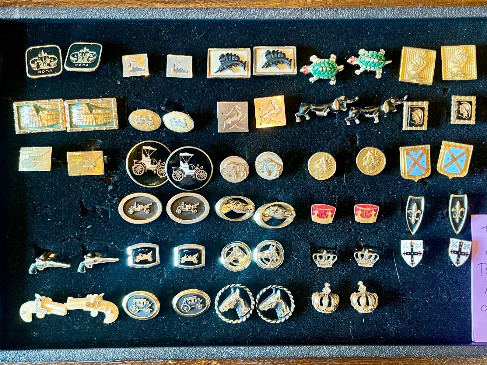 Lot 28 Cufflink Pairs Travel Transport Animals Crown Crest Guns Mid Century Mod