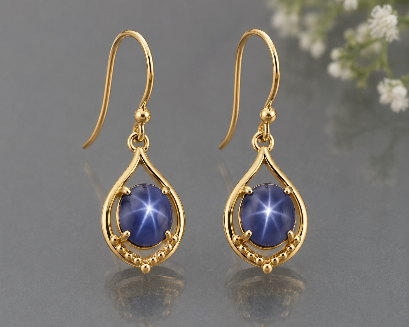 Blue Star Sapphire Drop Earrings 925 Sterling Silver Teardrop Dangle Jewelry