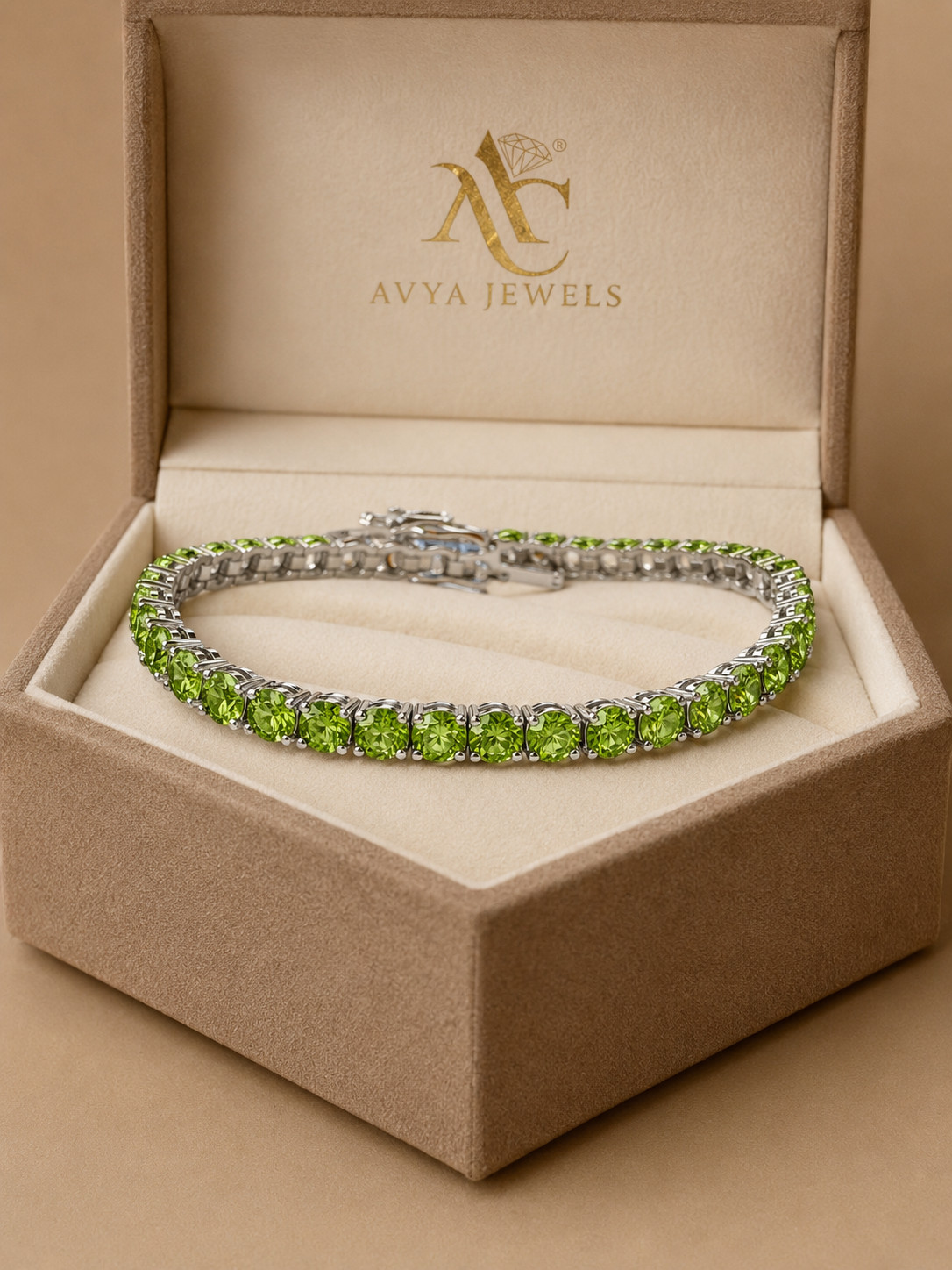 5 MM Round Lab Creted Peridot Tennis Bracelet 925 Silver 14k White Gold Plated