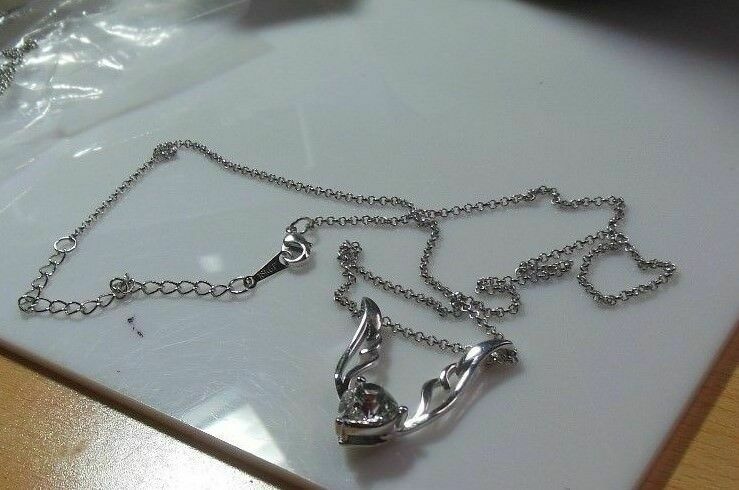 Stamped 18k GP Clear Austrian Crystal Heart Wings Pendant Necklace