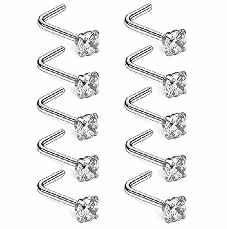18G Surgical Steel Mix Color CZ L Shaped Nose Stud Rings Piercing Jewelry 10PCS