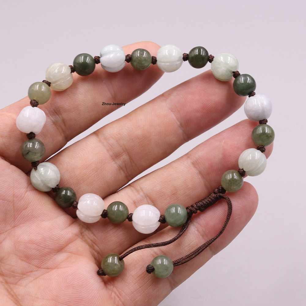 NEW Natural Grade A Jade 9mm Pumpkin Bead Bracelet Adjustable Fit 6.5inch Wrist