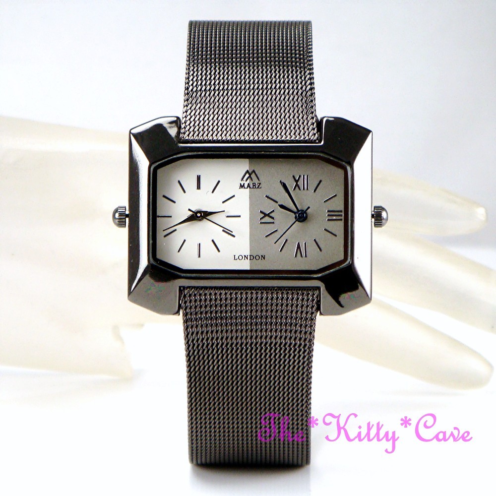 Designer Elegant Black Chainmail Mesh Dual 2 Time Twin Multi Zone Unisex Watch