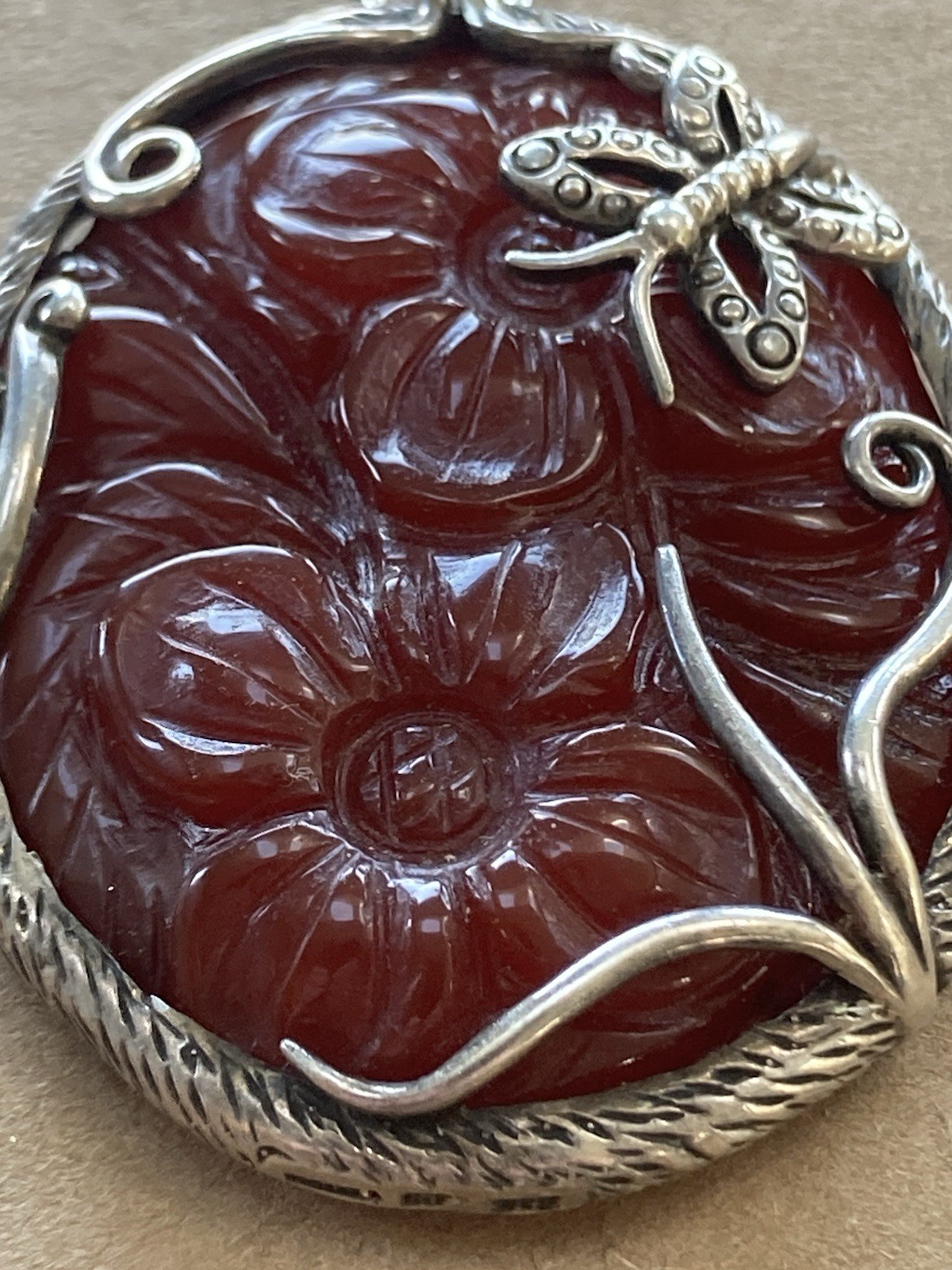 Carnelian Agate Butterfly Flower Big PENDANT Sterling Silver 925 Red Necklace