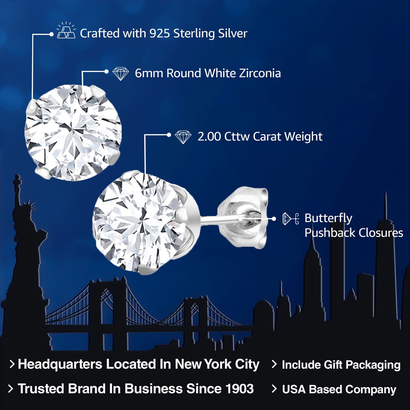 925 Sterling Silver White Cubic Zirconia CZ Stud Earrings For Women Men | 2.00