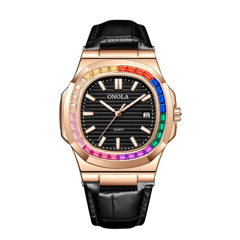 ONOLA Rainbow Leather Casual Business Calendar Waterproof Luminous Quartz Watch