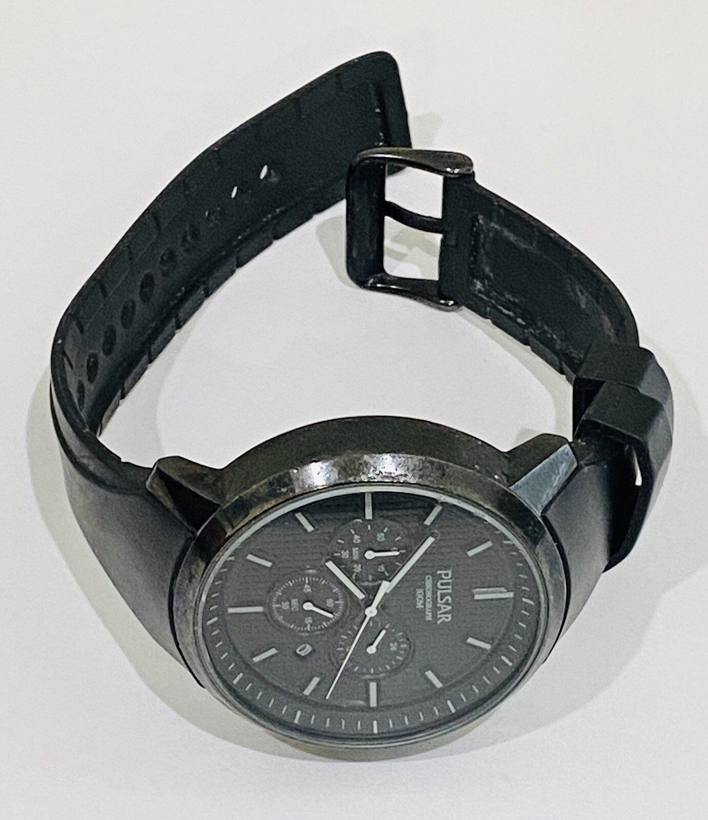 Pulsar Chronograph Watch Men 100m Black Dial Black Tone Date Round