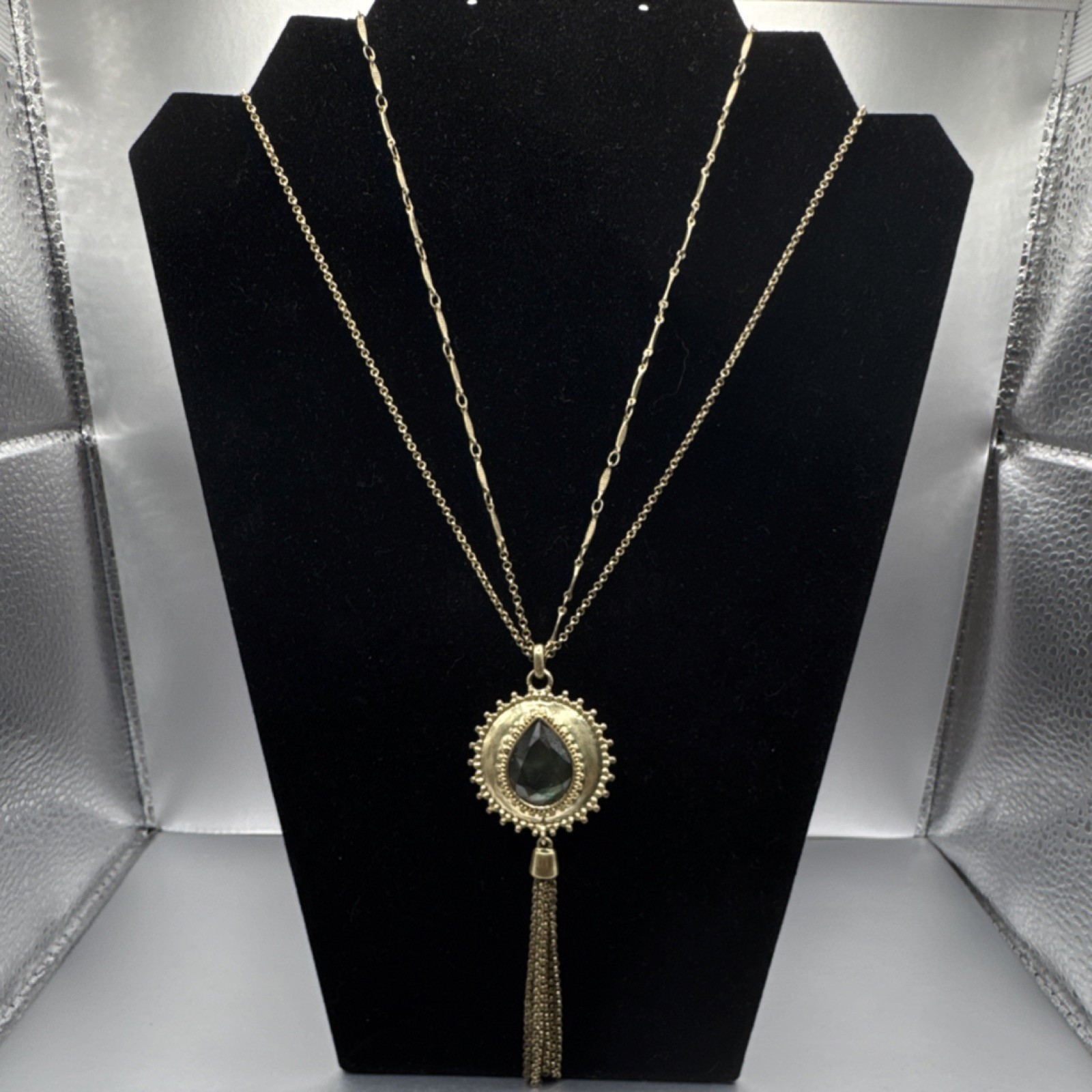 Gold Jewelry Set, Layered Necklace with an AB & Turquoise reversible pendant
