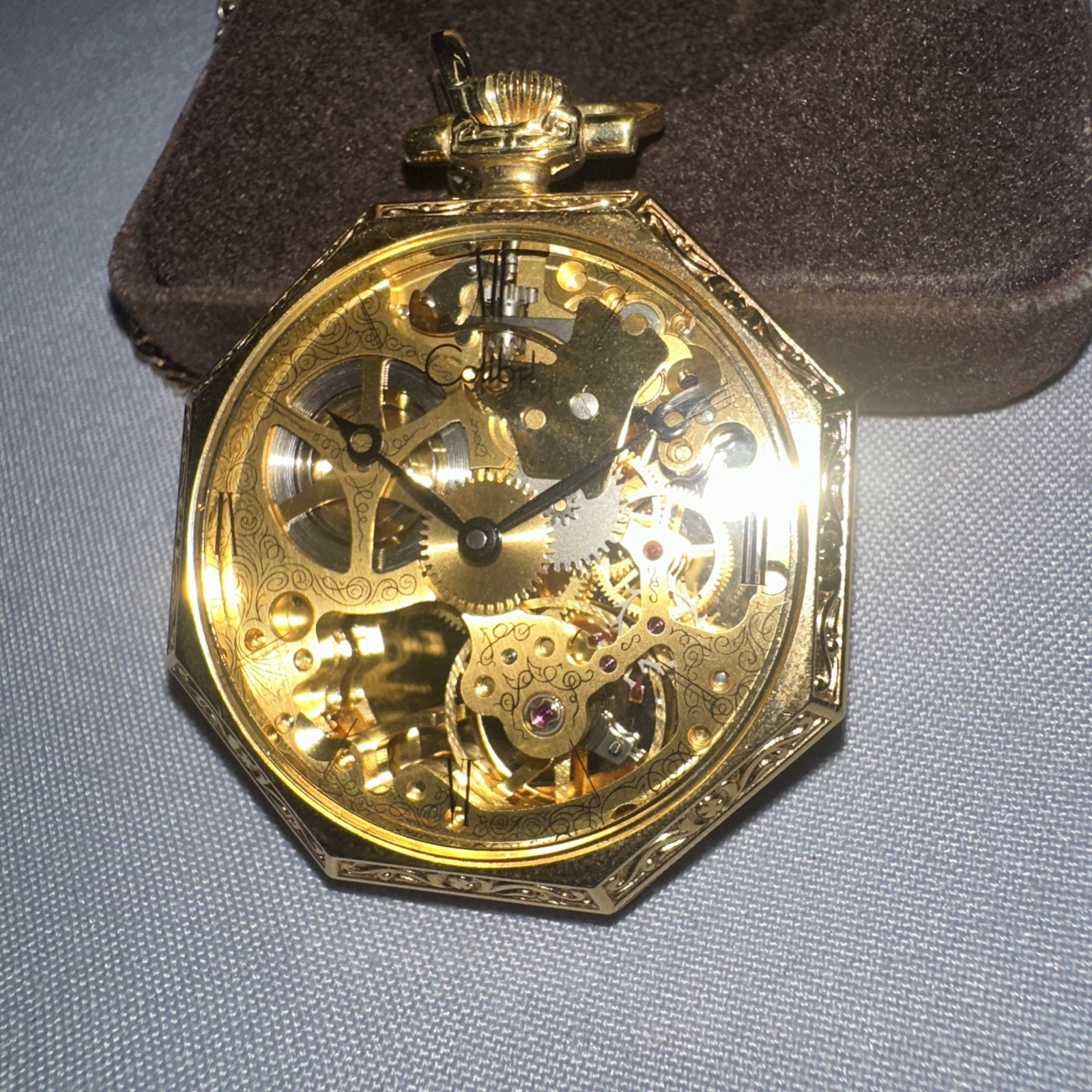Vintage Colibri 17 Jewels Incabloc Swiss Skeletonized Pocket Watch Chain + Case