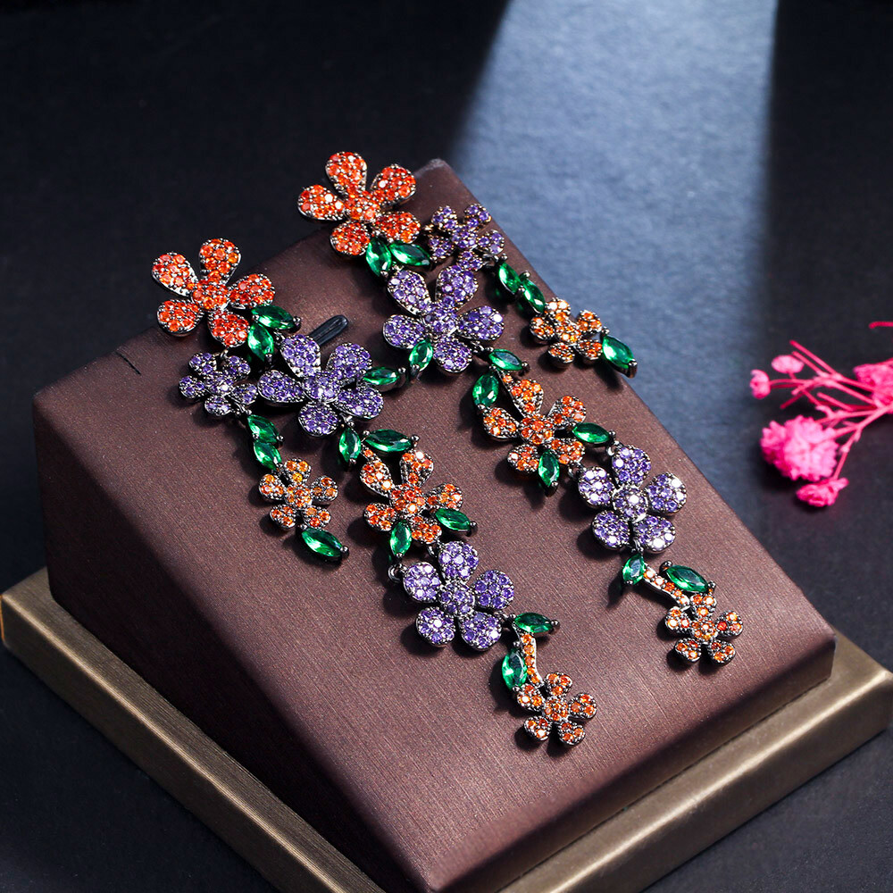 Cubic Zircon Flower Multicolor Leaf Dangle Drop Black Gold Plated Women Earrings
