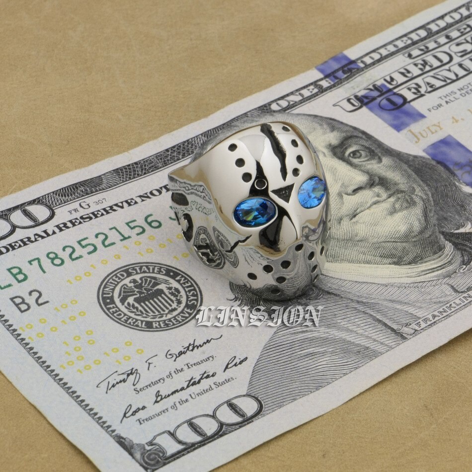 Stainless Steel Blue CZ Eyes Halloween JS Hockey Ring Punk Jewelry 3F101D