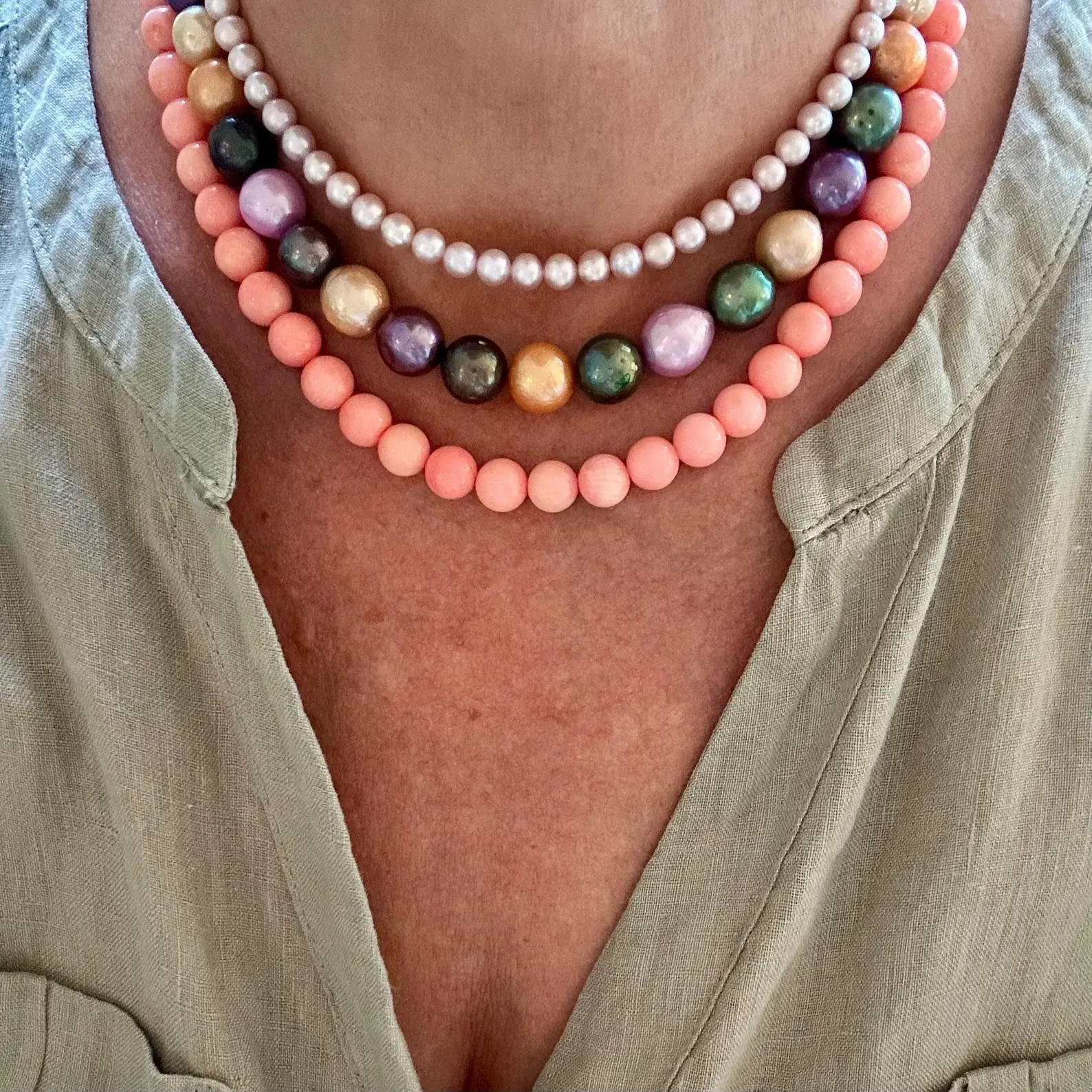 Pink Coral Necklace 14k Solid Gold | 9mm Round Salmon Peach Choker Stack