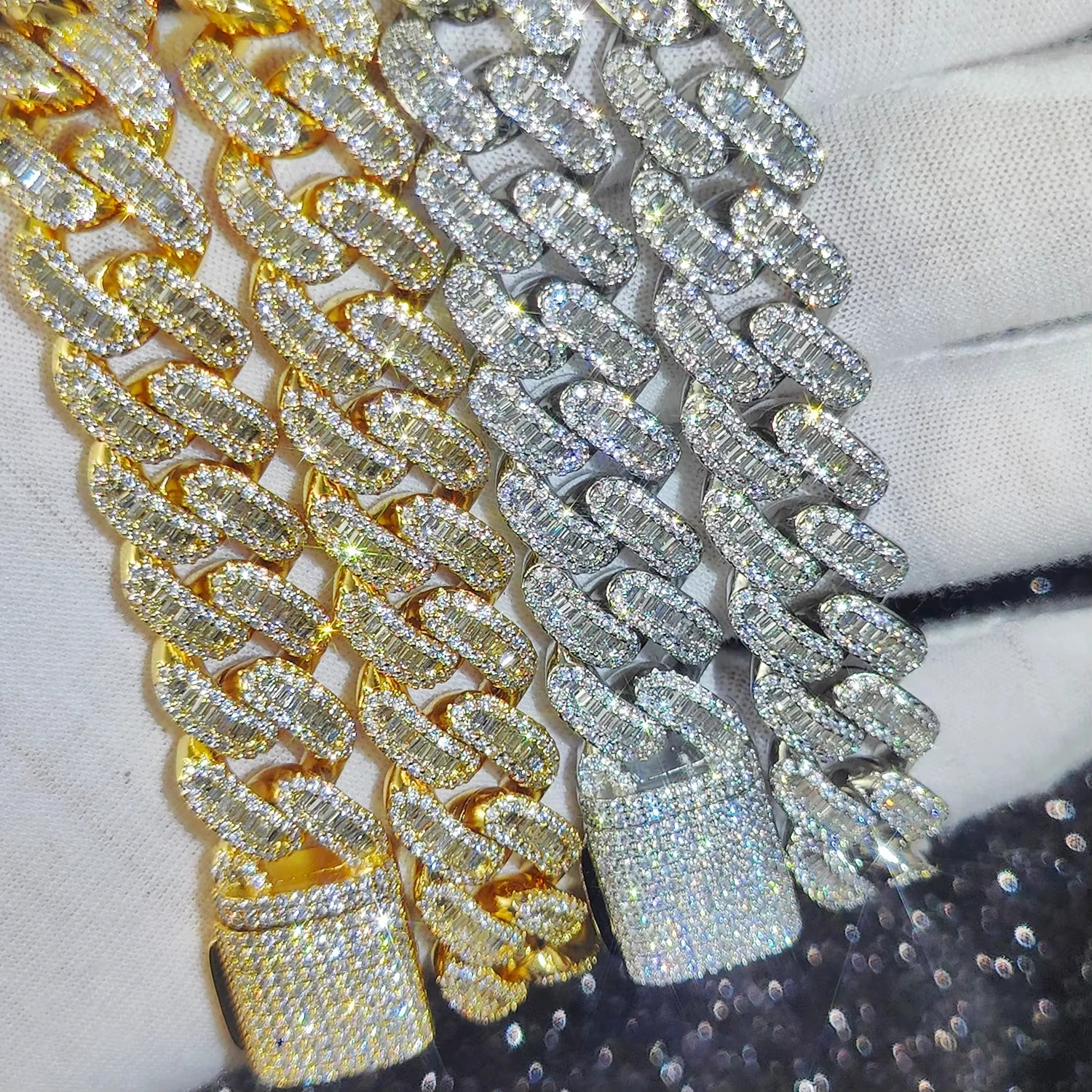 Diamond Iced Out Cuban Link Chain with Baguette CZ in Silver/Gold Plated