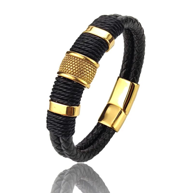 PU Leather Bracelet Multilayer Stainless Steel Bead Charm Men Wrist Jewelry