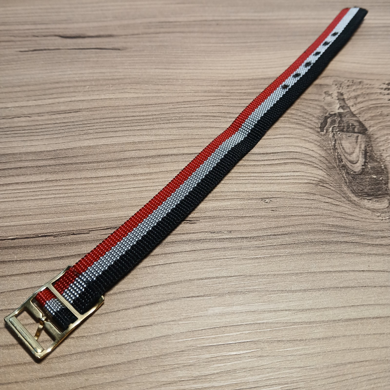 Vintage Red White Black Striped Nylon One Piece 14mm Watch Strap Gold Buckle