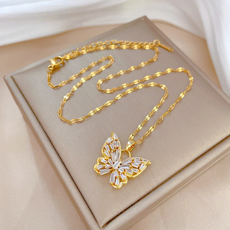 Women’s Fashion Jewelry Cubic Zircon Gold Butterfly Pendant Necklace 484