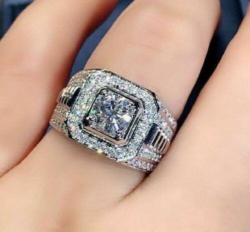 14K White Gold Over Men’s 2.10 CT Round Cut Moissanite Wedding Band Pinky Ring