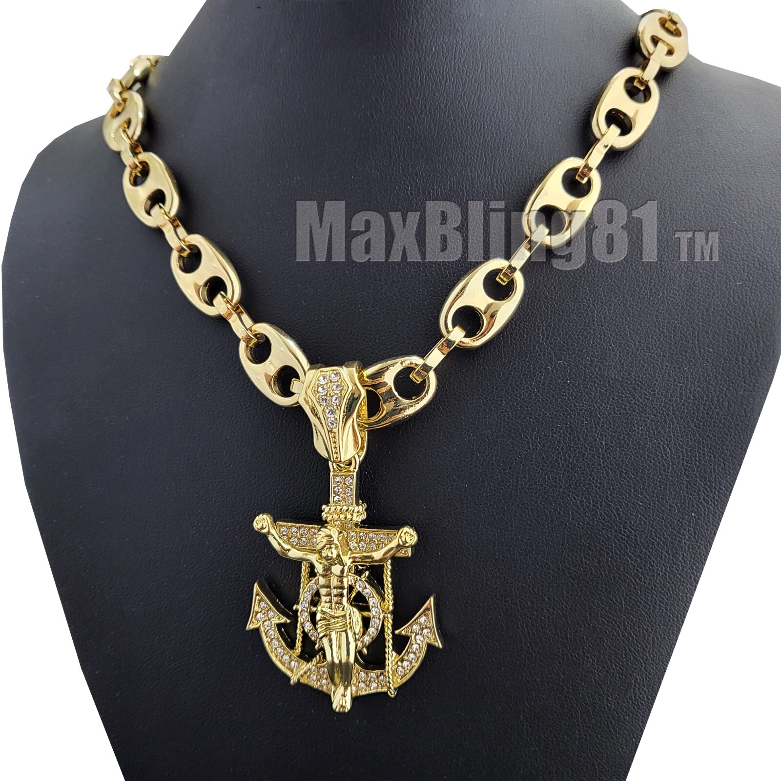 Iced Gold plated Alloy Cubic Zirconia Jesus Anchor & Bling Marina Chain Necklace