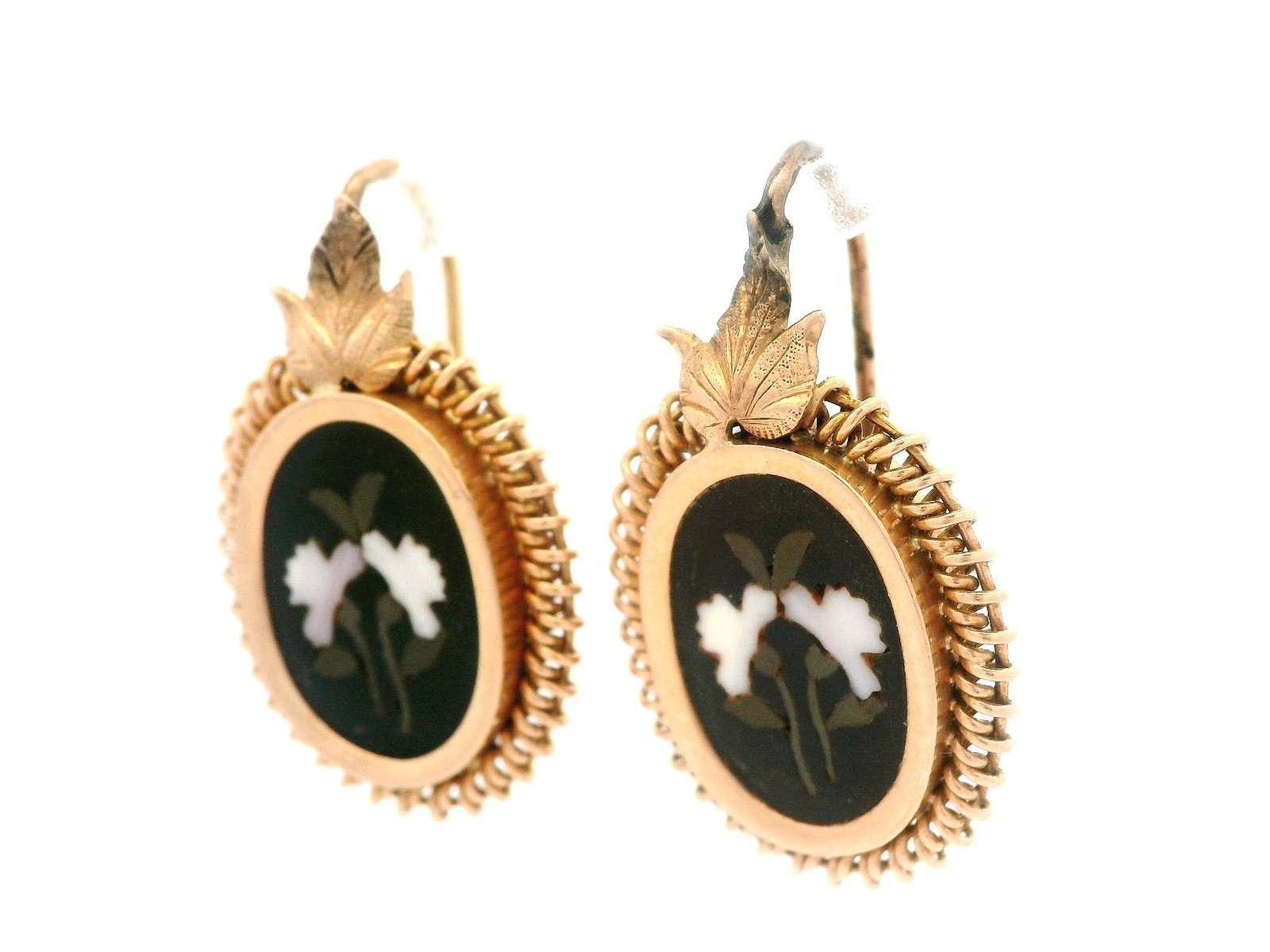 Vintage Yellow Gold Pietra Dura Hard Stone Floral Drop Dangle Earrings