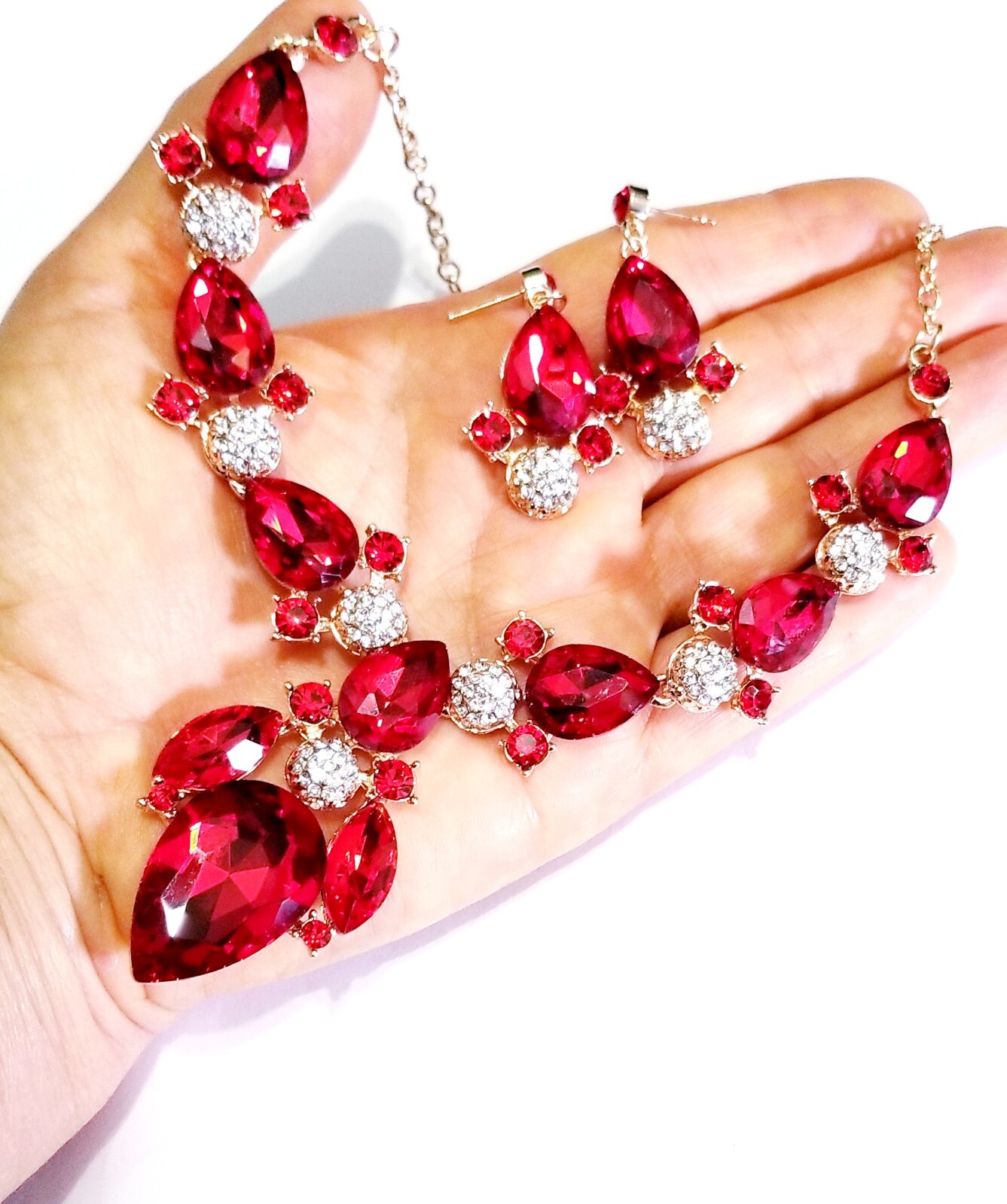 Red Crystal Choker Rhinestone Necklace Earring Set Bridal Prom Pageant