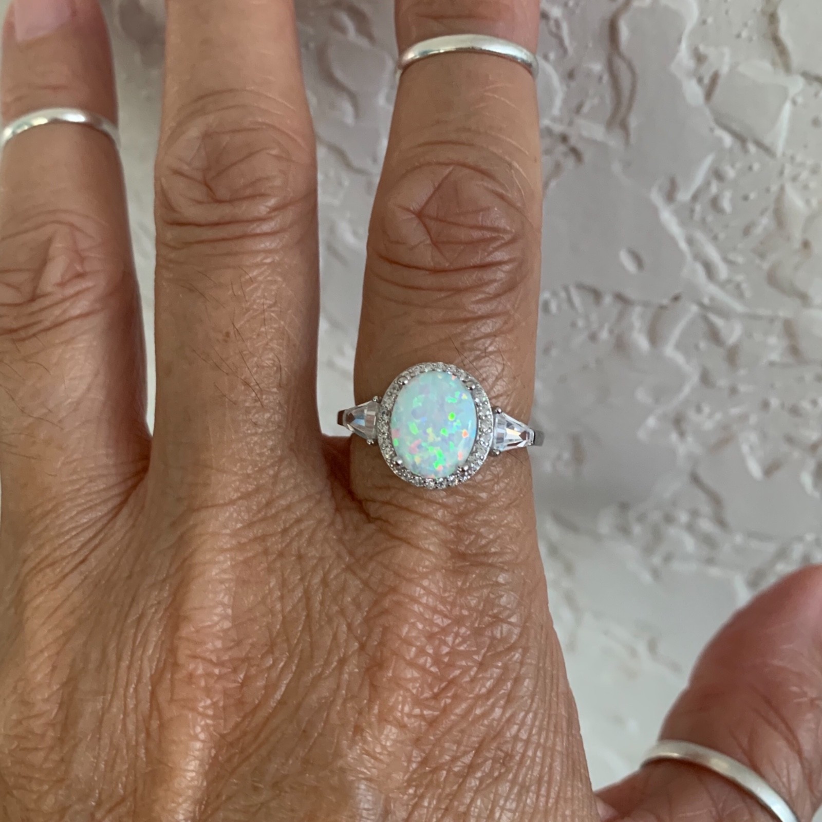 Sterling Silver Oval White Lab Opal Ring with CZ, Wedding Rings, Engagement Ring