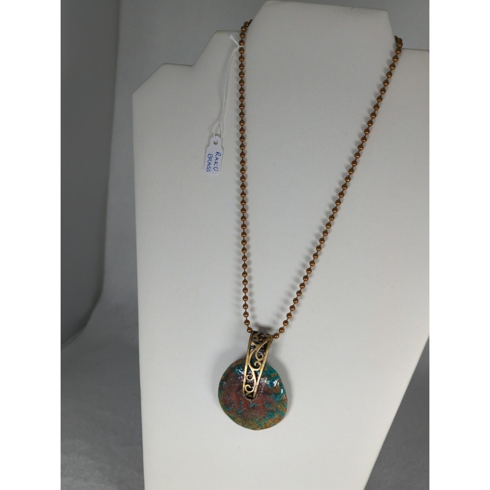 Raku donut pendant+17 ball chain handmade artisan brass ethnic boho hippie NWT