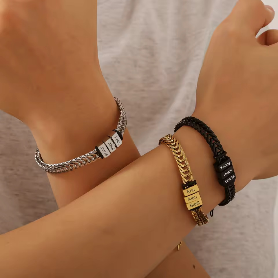 Personalized 1-5 Multiple Name Engraved Bracelet Custom Jewelry Chain Gold Black