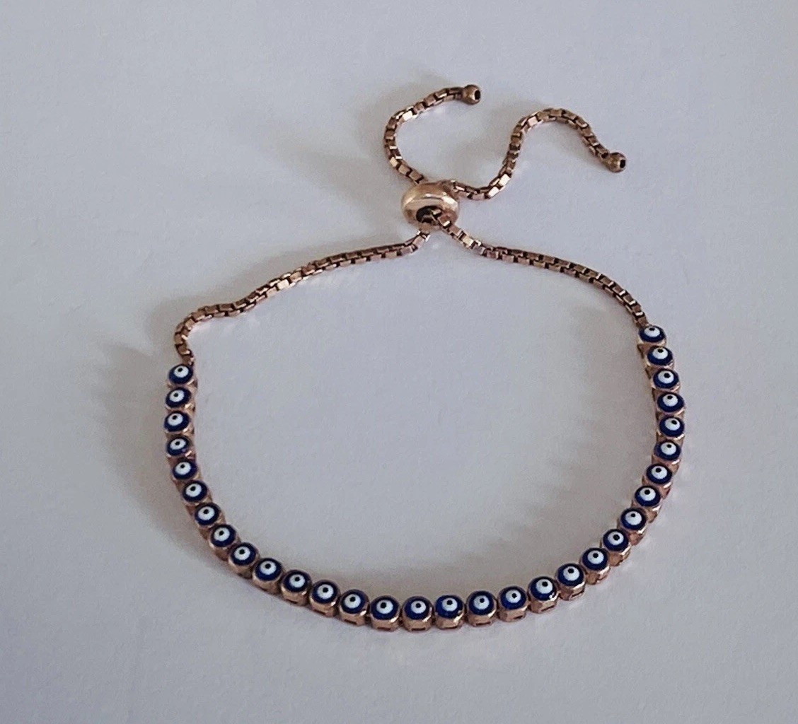 925 Sterling Silver Rose Gold Color Vermeil Evil eye Link Chain Bolo Bracelet