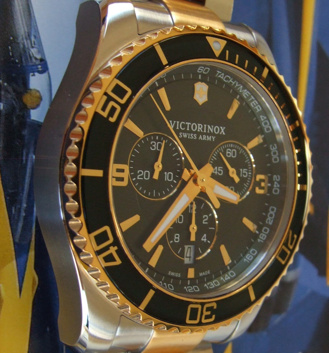 VictorINOX SWISS ARMY~MAVERICK GS GREEN/GOLD CHRONOGRAPH~Ratchet Bezel~43mm~LNEW