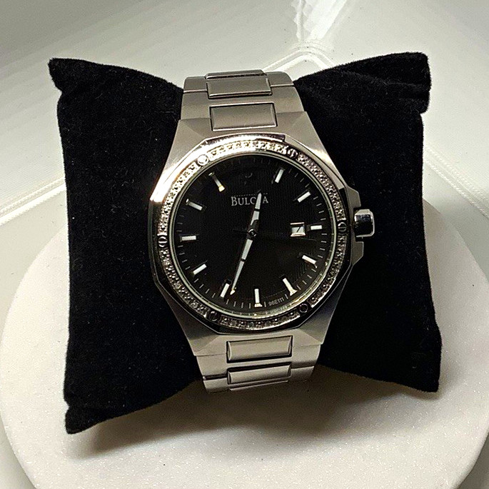Bulova Men’s Stainless Steel Black Dial Date Dress Watch Gem-Set Bezel Box