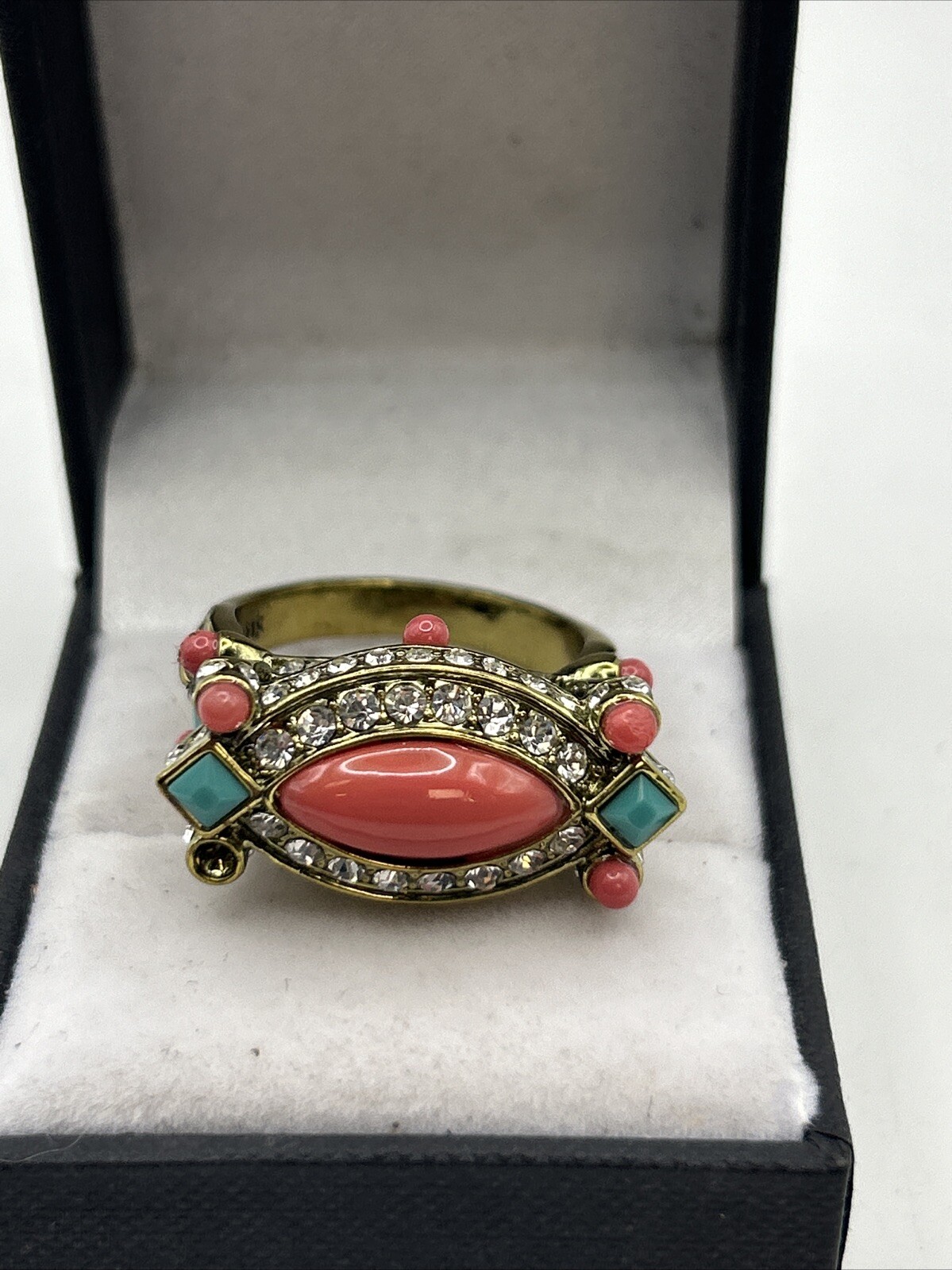 Extravagant Heidi Daus Faux Coral & Turquoise Ring Swarovski Crystals Size 10