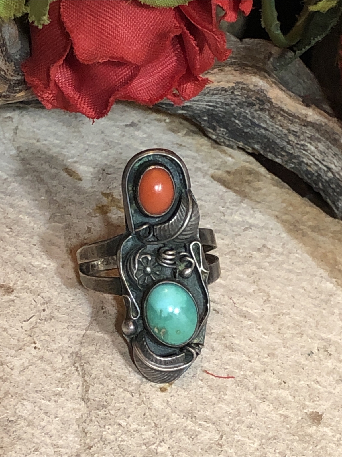 12. Roger Skeet 925 Sterling Native American Turquoise Coral Leaf Ring 8-8.25ss