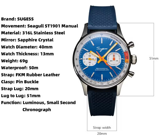 Sugess Seagull 1963 40mm STI1908 Mechanical Chronograph Blue Dial Men’s Watch
