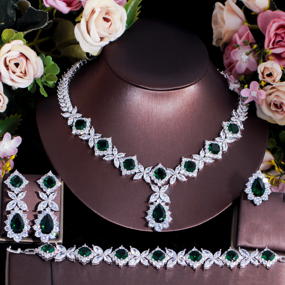 Green CZ Women Engagement Leaf Drop Necklace Earring Bracelet Ring Jewellery Set