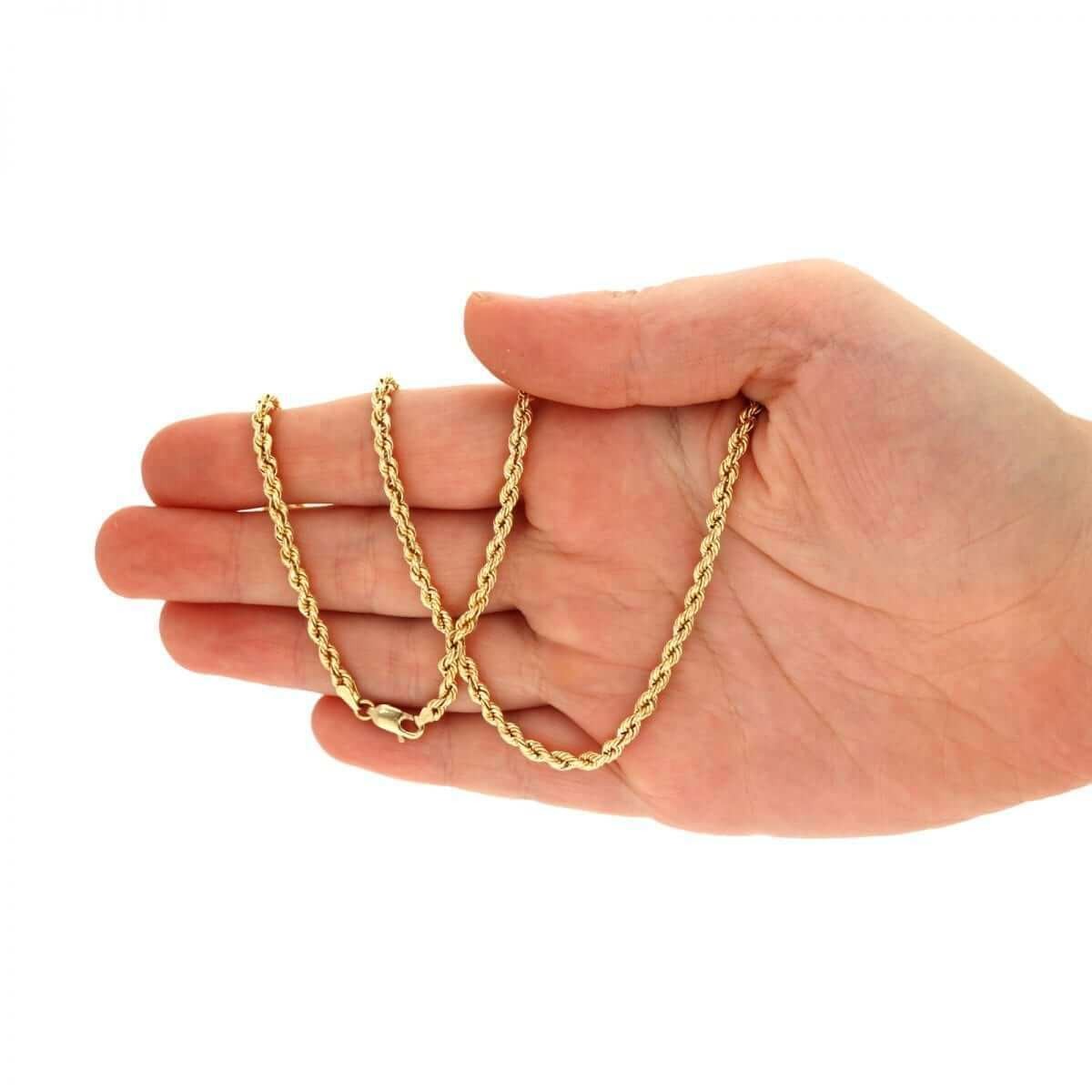 14K Yellow Gold 3mm Thick Hollow Rope Chain Necklace Lobster Clasp 20″