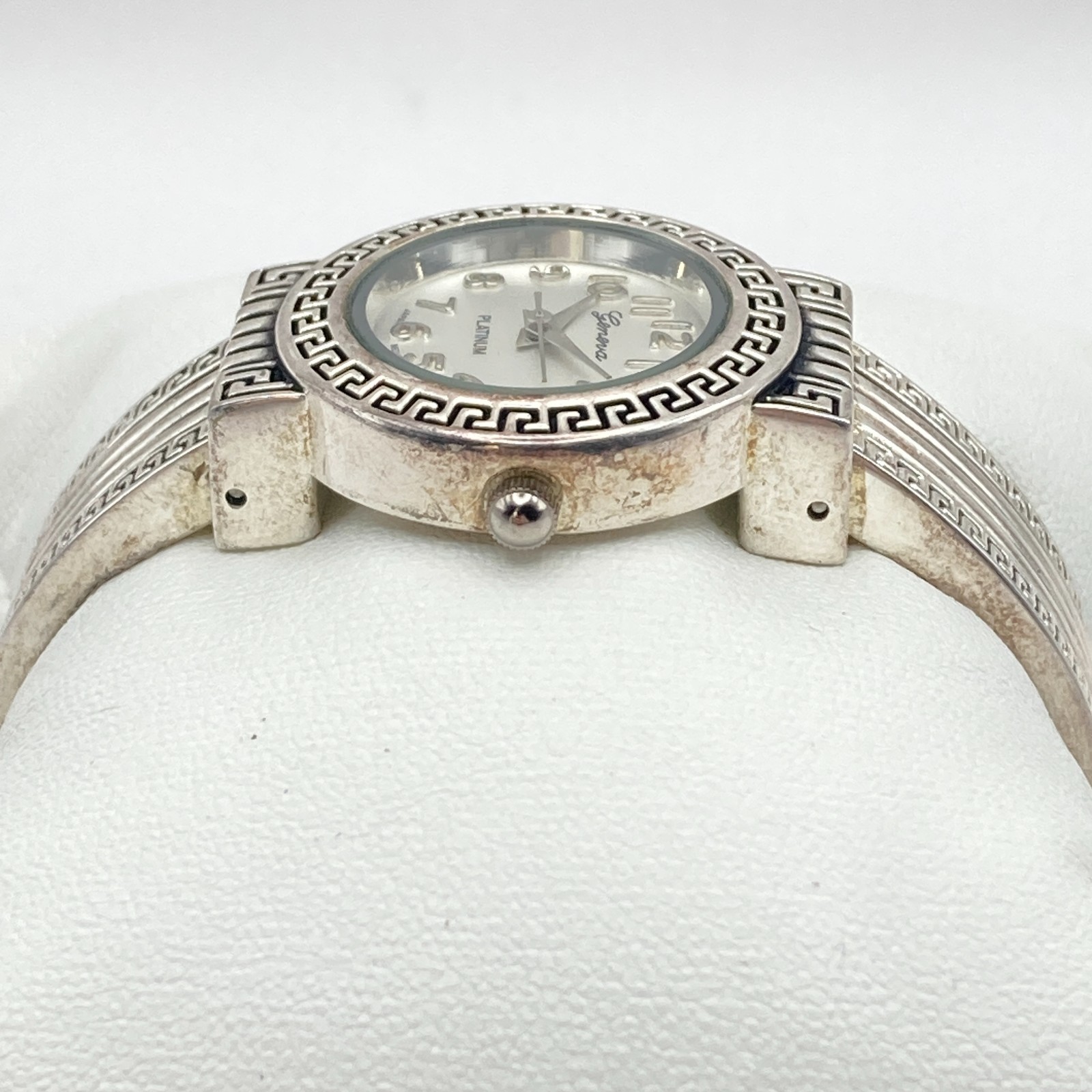 Geneva Women’s Watch 27mm Greek Key Silver Tone Cuff Round New Battery 6.25″
