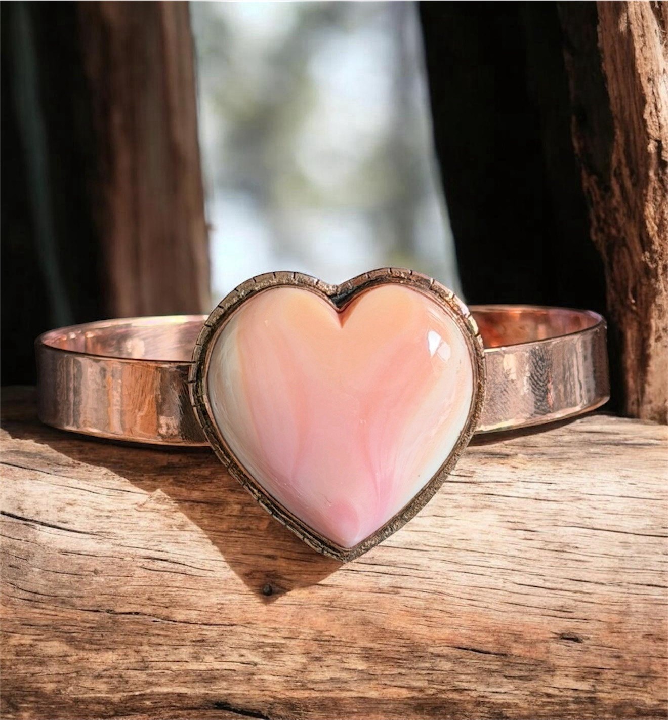 Pink Conch Heart Copper Cuff Bracelet Artisan Handmade
