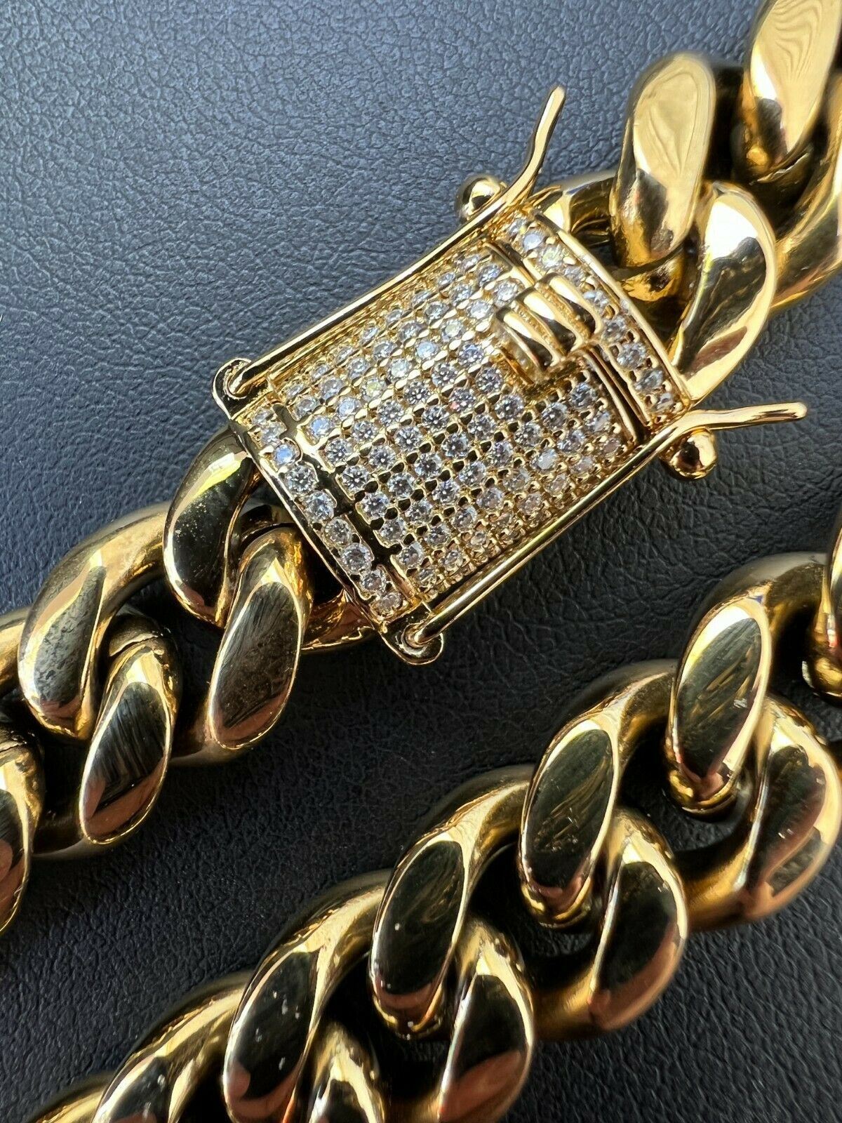 Miami Cuban Link Chain W. 1ct CZ Iced Clasp 14k Yellow Gold Plated Stainless
