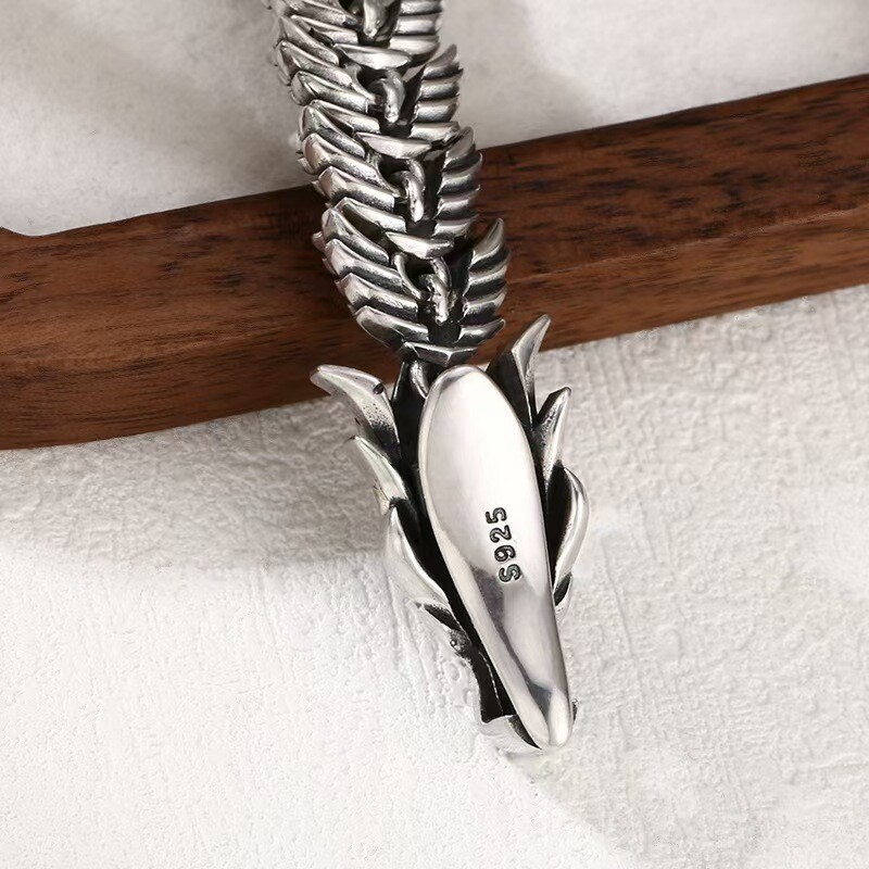 Pure S925 Sterling Silver Chain 12mm Dragonscale Bone Link Bracelet 7.1-8.3inch