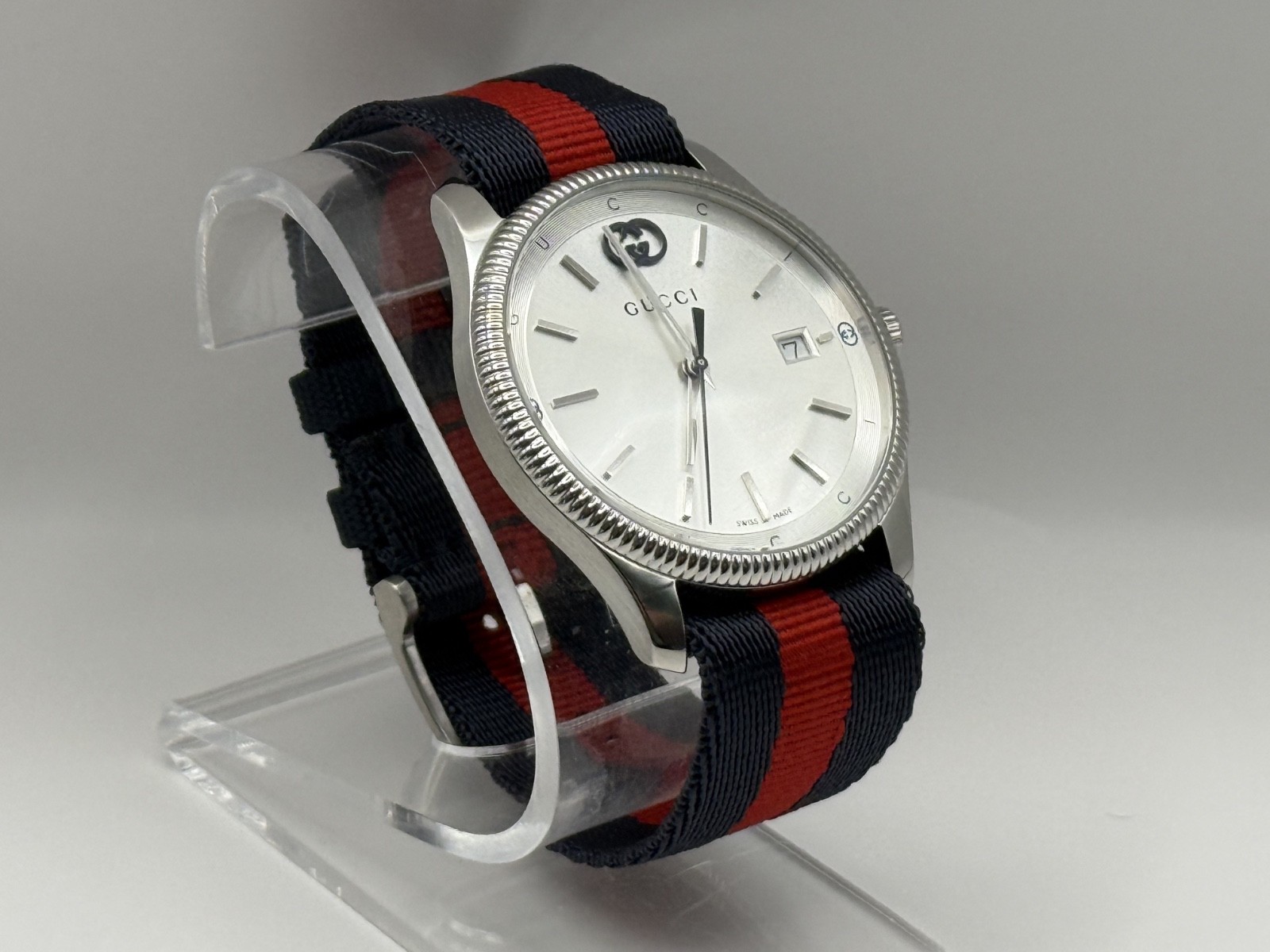 Gucci G-Timeless Silver Dial Blue and Red Nylon Strap Watch 38mm YA1264237
