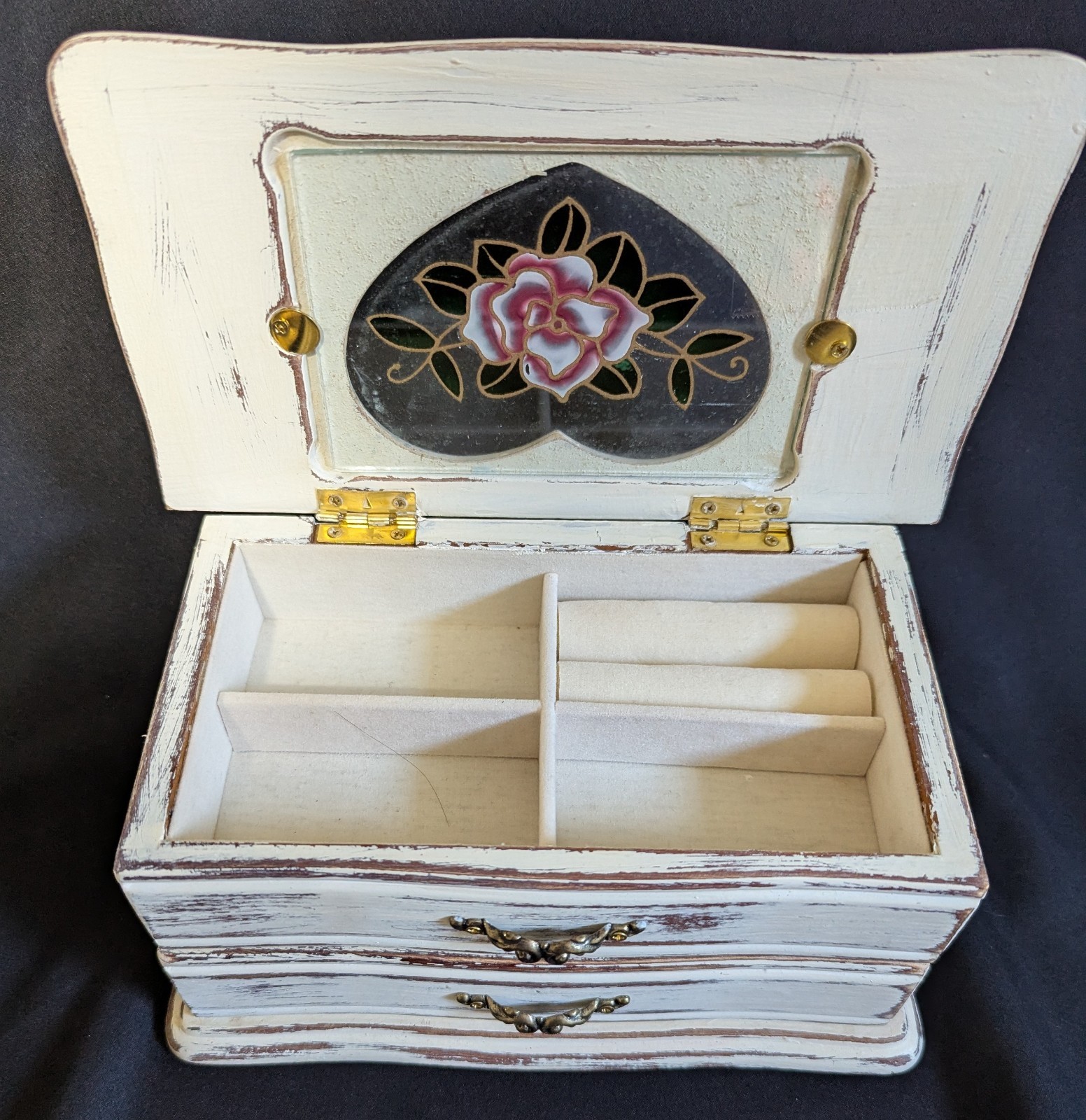 Vintage Shabby Distressed White Wooden Jewelry Box Table Top Rose Theme
