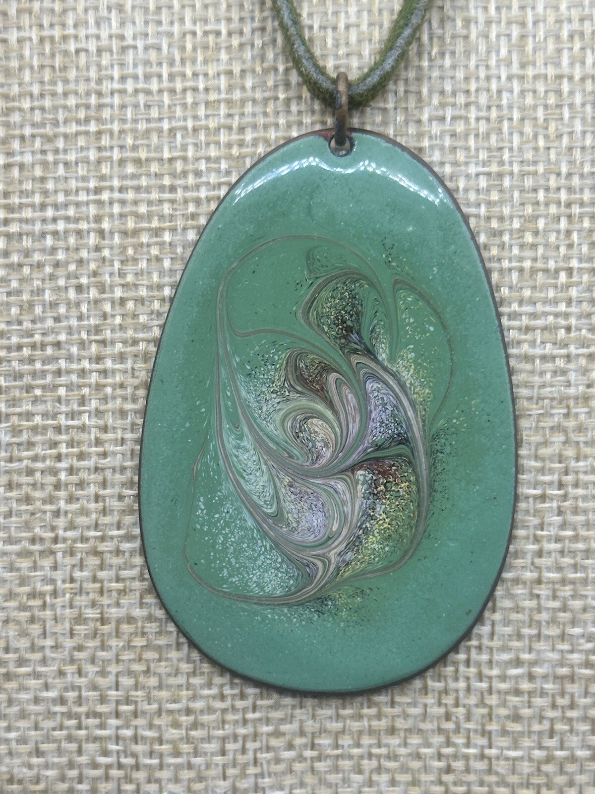 Wearable Art Necklace Enamel On Metal Pendant Dual Sided On Green Leather