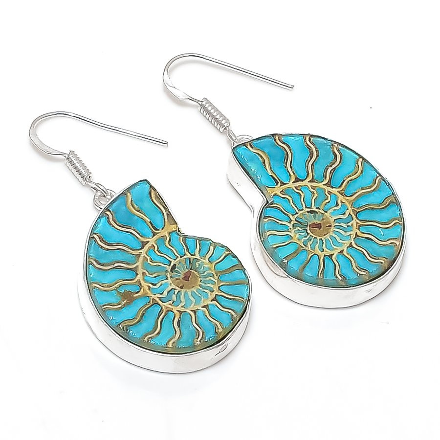 Ammonite Fossil Gemstone Handmade 925 Sterling Silver Jewelry Earring 1.85″ L913