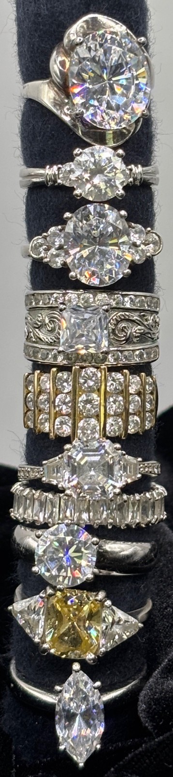 10 pc Lot Of Vintage Signed 925 Sterling Silver CZ Rings Sizes 6.5 ~ 9 50 Grams