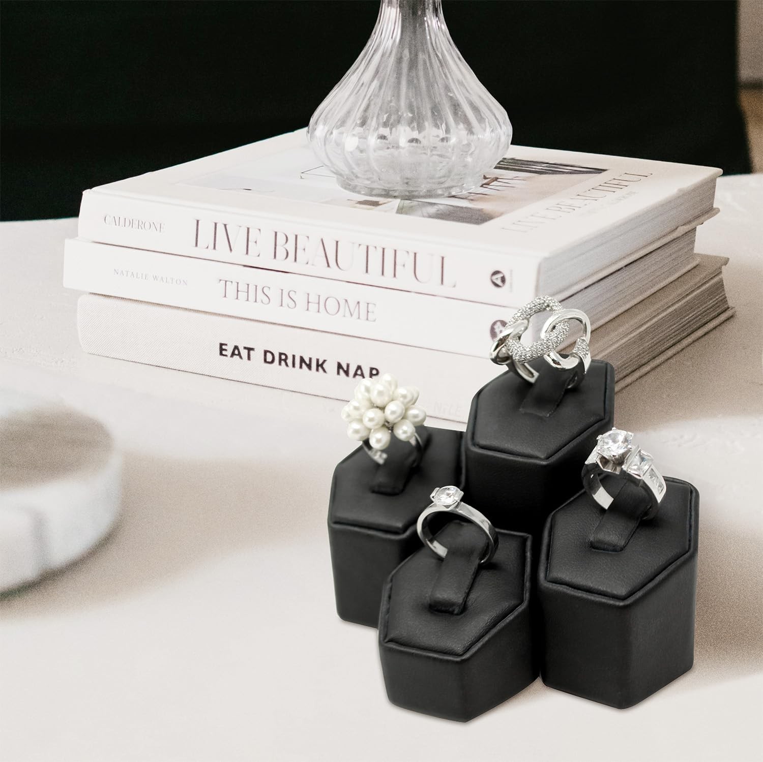 MOOCA Jewelry Ring 1 3/4″W x 1 5/8″D x 1 1/4″H ~ 2 1/2″H, Black Faux Leather