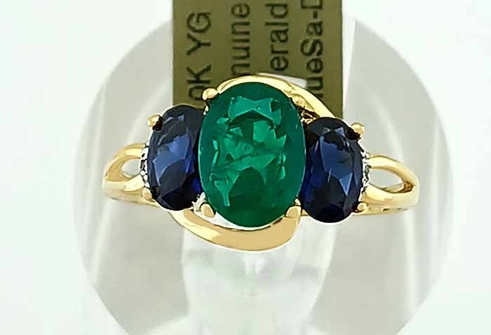 GENUINE 2.11 Cts EMERALD, BLUE SAPPHIRE & DIAMOND RING 10k YELLOW GOLD – NWT