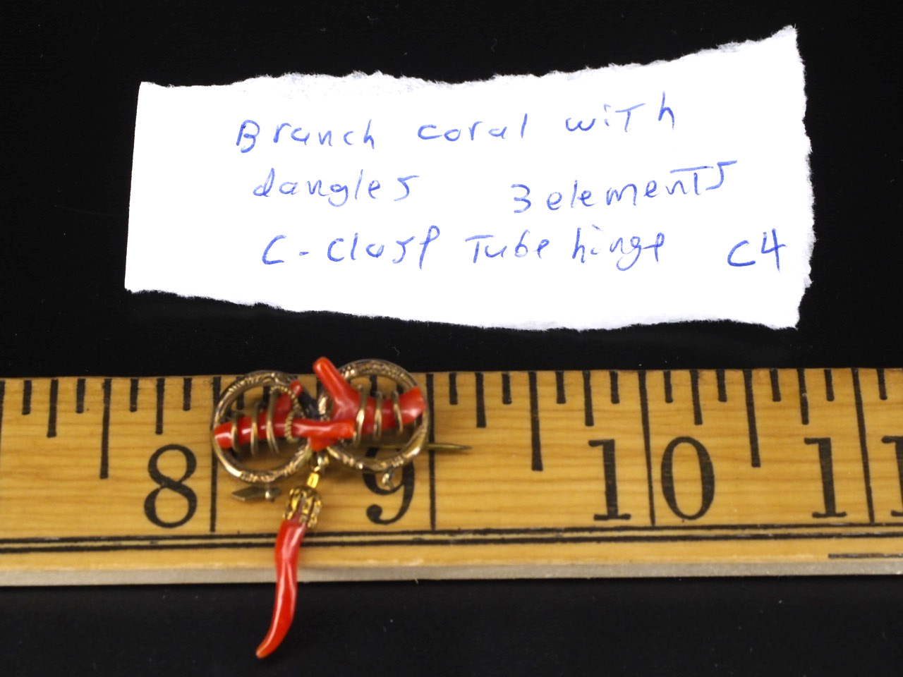 Antique double love knot brooch coral branch pin with dangles C-clasp jewelry