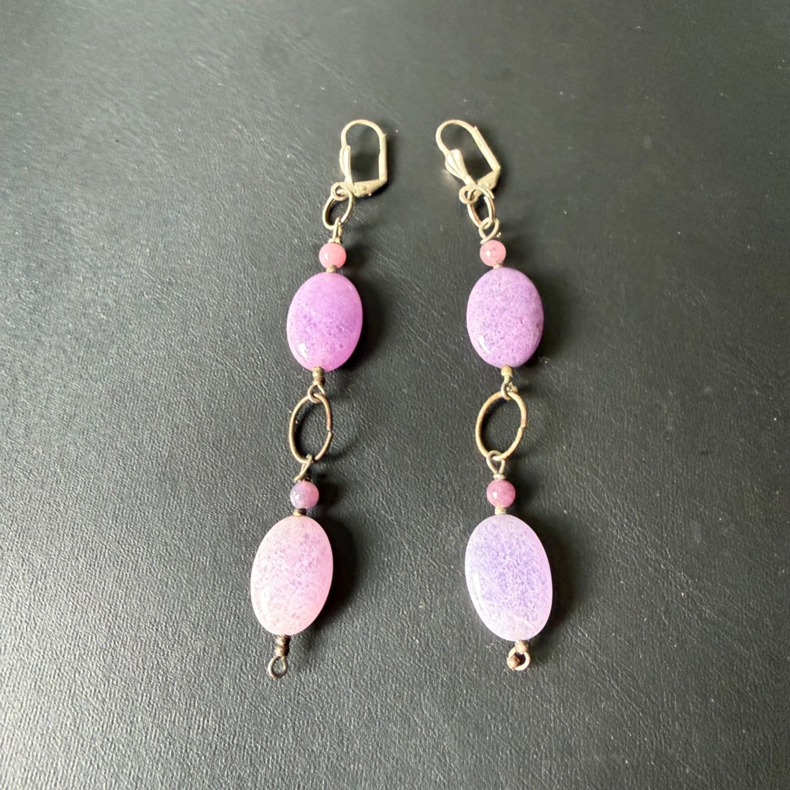 Earrings Oval Purple Bead Stone Dangle Drop Boho Artisan Silver Tone 3.5 inches