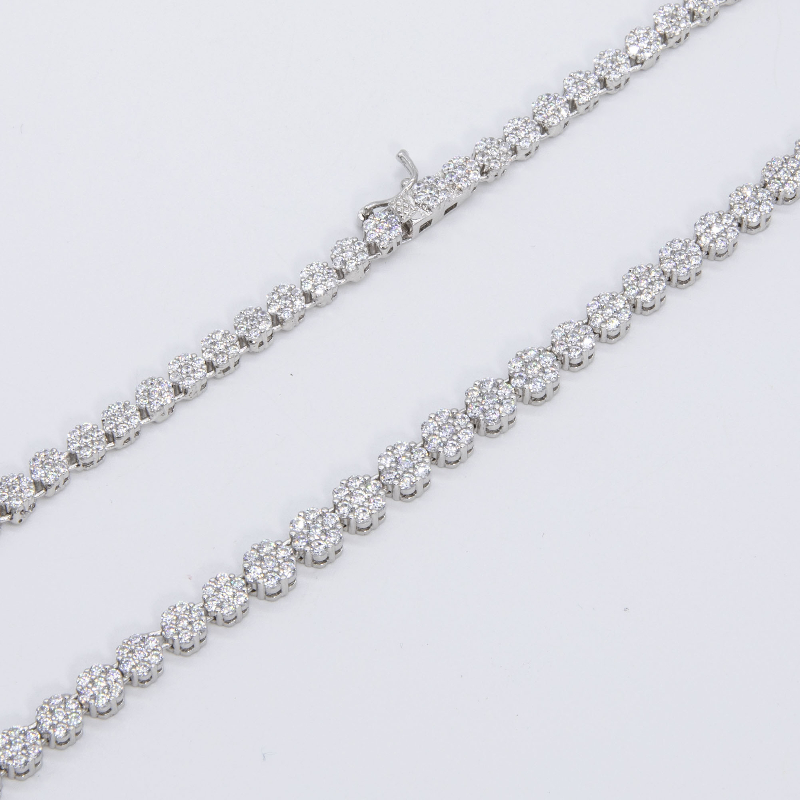 Graduated Flower Cluster Tennis Chain Necklace Sterling Silver 925